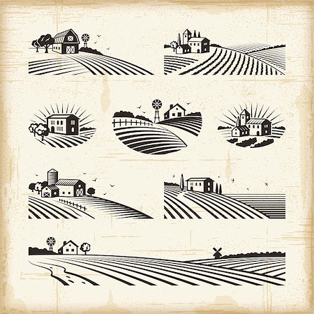 A set of retro landscapes in woodcut style. Editable EPS10 vector illustration with clipping mask. Stock Photo - Budget Royalty-Free & Subscription, Code: 400-08336259