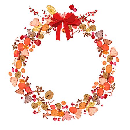 Round festive wreath with fruits, cookies, berries and leaves isolated on white.  For season design, announcements, postcards, posters. Stock Photo - Budget Royalty-Free & Subscription, Code: 400-08337601