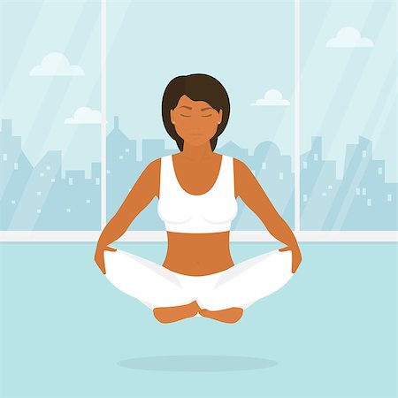 Flat illustration of calm tanned woman is doing yoga and meditation in the lotus position in the yoga studio. Foto de stock - Super Valor sin royalties y Suscripción, Código: 400-08338312