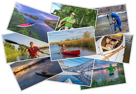 collection of nine  paddling pictures from lakes and rivers of Colorado featuring kayaks, canoes and stand up padleboards  and the same male model - a pile isolated on white Stock Photo - Budget Royalty-Free & Subscription, Code: 400-08331903