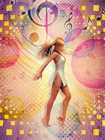 simsearch:400-06481645,k - Illustration of pretty 3d woman dancing on a colourful vintage background. Stock Photo - Budget Royalty-Free & Subscription, Code: 400-08332971