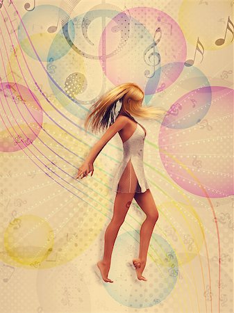 simsearch:400-06481645,k - Illustration of pretty 3d woman dancing on a colourful vintage background. Stock Photo - Budget Royalty-Free & Subscription, Code: 400-08332972