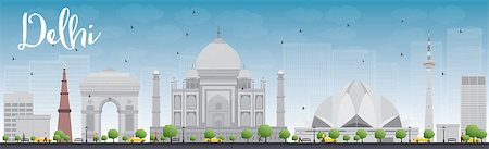 Delhi skyline with grey landmarks and blue sky. Vector illustration Stock Photo - Budget Royalty-Free & Subscription, Code: 400-08346825