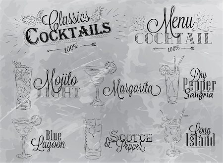 Set of cocktail menu in vintage style stylized drawing in charcoal on gray background, Mojito cocktails with illustrated, the blue lagoon margarita Scotch Stock Photo - Budget Royalty-Free & Subscription, Code: 400-08348319