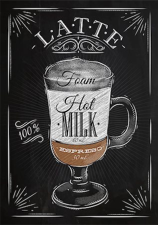 Poster coffee latte in vintage style drawing with chalk on the blackboard Stock Photo - Budget Royalty-Free & Subscription, Code: 400-08348882