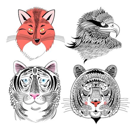 Beautiful vector set predator fox eagle and tiger Stock Photo - Budget Royalty-Free & Subscription, Code: 400-08349434