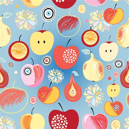 Bright multi-colored pattern with apples and pears on a blue background Stock Photo - Budget Royalty-Free & Subscription, Code: 400-08340595