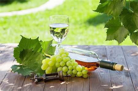 simsearch:846-05647552,k - White wine bottle and glass with white grape on garden table Stock Photo - Budget Royalty-Free & Subscription, Code: 400-08343209