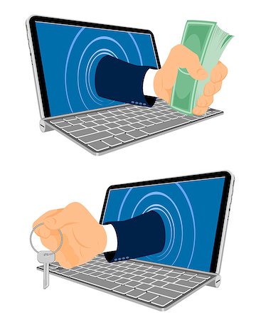 simsearch:700-05452103,k - Vector illustration of a laptop and hand with keys and money Stock Photo - Budget Royalty-Free & Subscription, Code: 400-08374076