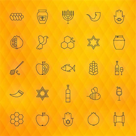 simsearch:400-06069331,k - Rosh Hashanah Thin Line Icons Set. Vector Collection of Jewish New Year Autumn Holiday Thin Line Icons for Web and Mobile over Orange Polygonal Blurred Abstract Background. Israel Traditional Bundle Stock Photo - Budget Royalty-Free & Subscription, Code: 400-08374241