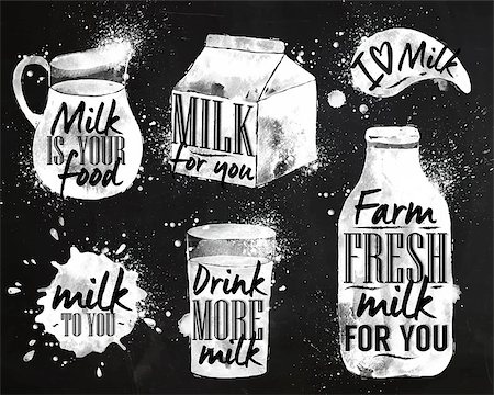 Milk symbolic drawing milk with drops and sprays lettering, milk for you, drink more milk, I love milk, farm fresh milk for you on chalkboard chalk Photographie de stock - Aubaine LD & Abonnement, Code: 400-08378445