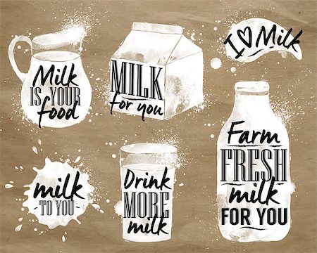 Milk symbolic drawing milk with drops and sprays lettering, milk for you, drink more milk, I love milk, farm fresh milk for you on kraft paper Photographie de stock - Aubaine LD & Abonnement, Code: 400-08378446