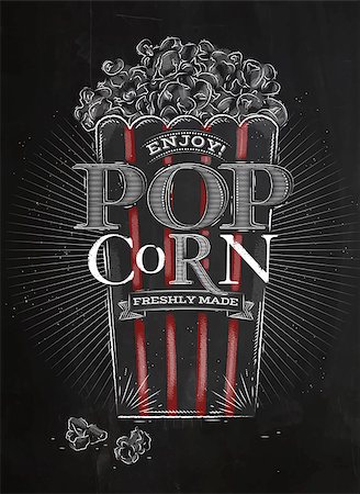 Poster popcorn, full bucket of popcorn, with red lines, lettering enjoy popcorn freshly made drawing with chalk on blackboard Stock Photo - Budget Royalty-Free & Subscription, Code: 400-08378489