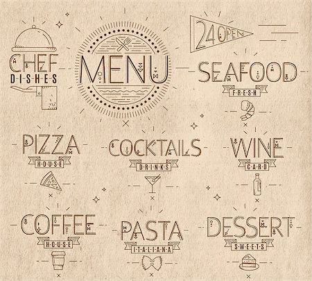 simsearch:400-08786053,k - Menu in vintage modern style lines drawn with kraft symbols pizza, pasta, seafood, wine, cocktails, coffee, chef dish, 24 open on kraft Stock Photo - Budget Royalty-Free & Subscription, Code: 400-08378520