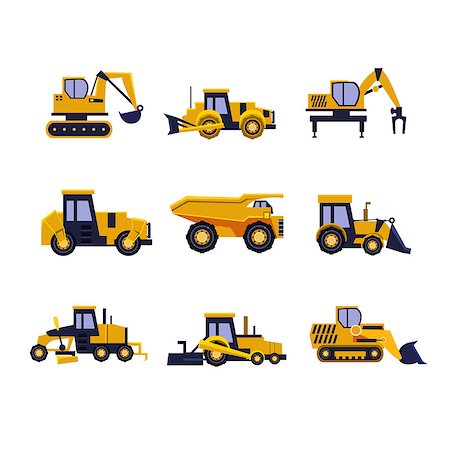 simsearch:400-08791419,k - Construction Equipment Road Roller, Excavator, Bulldozer and Tractor. Car Flat Icon Collection Stock Photo - Budget Royalty-Free & Subscription, Code: 400-08379276