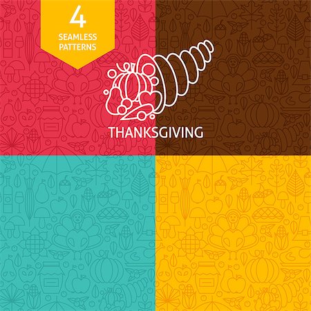 simsearch:400-04227157,k - Thin Line Thanksgiving Day Holiday Patterns Set. Four Vector Autumn Thanksgiving Dinner Design and Seamless Background in Trendy Modern Line Style. Traditional National Celebration Stock Photo - Budget Royalty-Free & Subscription, Code: 400-08372313