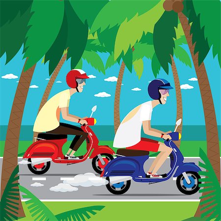 Vector illustration on color background featuring two motorcyclist riding on a retro scooters together Stock Photo - Budget Royalty-Free & Subscription, Code: 400-08372999