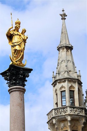 simsearch:400-07309915,k - The Golden statue of Mary (Mariensaule), a Marian column on the Marienplatz in Munich, German Stock Photo - Budget Royalty-Free & Subscription, Code: 400-08373009