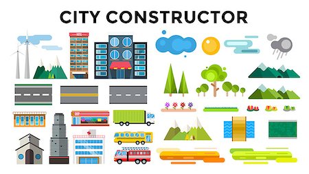 Buildings and city transport flat style illustration. Flat design city downtown background. Roads and city buildings, sky and mountains. Architecture small town market, hospital, church, shop, bus, fire truck, helicopter Stock Photo - Budget Royalty-Free & Subscription, Code: 400-08373052