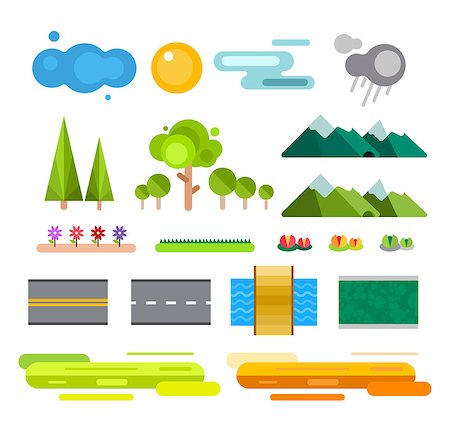 simsearch:400-04636750,k - Landscape constructor icons set. Buildings houses, trees and architecture signs for map, game, texture, mountains, river, sun. Design element Isolated on white.Tree vector,road elements,city elements Stock Photo - Budget Royalty-Free & Subscription, Code: 400-08373453