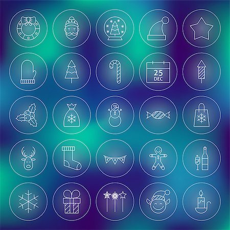 simsearch:400-04149556,k - Thin Outline Christmas New Year Circle Line Icons Set. Vector Collection of Winter Holiday Modern Thin Line Circle Icons for Web and Mobile over Blurred Colorful Abstract Background. Stock Photo - Budget Royalty-Free & Subscription, Code: 400-08373637