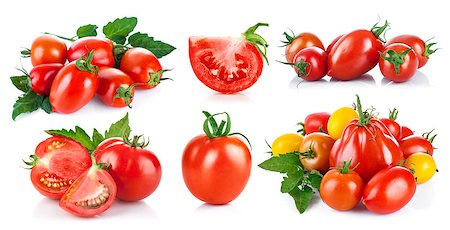 simsearch:400-05664137,k - Set fresh tomatoes with green leaf. Isolated on white background Stock Photo - Budget Royalty-Free & Subscription, Code: 400-08373726