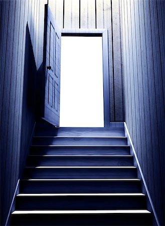 petrified (terrified) - Steps leading from a dark basement to open the door. 3d render Stock Photo - Budget Royalty-Free & Subscription, Code: 400-08405471