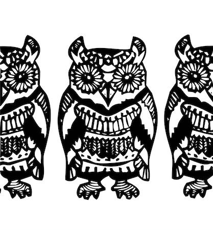 simsearch:400-07995476,k - Decorative Hand dravn Cute Owl Sketch Doodle black blue seamless pattern. Stock Photo - Budget Royalty-Free & Subscription, Code: 400-08405567