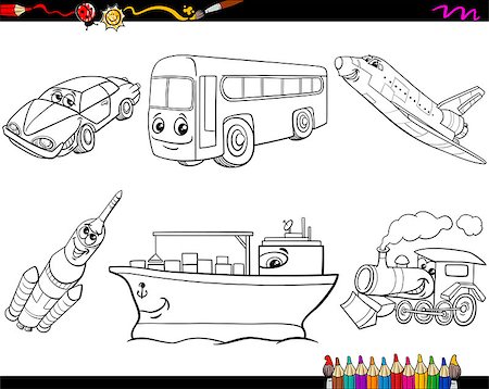 Black and White Cartoon Illustration of Vehicle Characters Set for Coloring Book Stock Photo - Budget Royalty-Free & Subscription, Code: 400-08407207