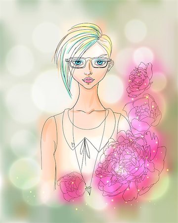 painterly - Creative Watercolor Hipster Girl Portrait with Bokeh and Peonies. EPS 10 Vector Illustration. Fashion Concept. Foto de stock - Super Valor sin royalties y Suscripción, Código: 400-08408007