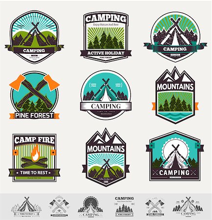 Retro vector vintage camp label and logo graphics. Camping outdoor, adventure and explorer. Simple and nice design. Travel and Exploration the world Stock Photo - Budget Royalty-Free & Subscription, Code: 400-08408065