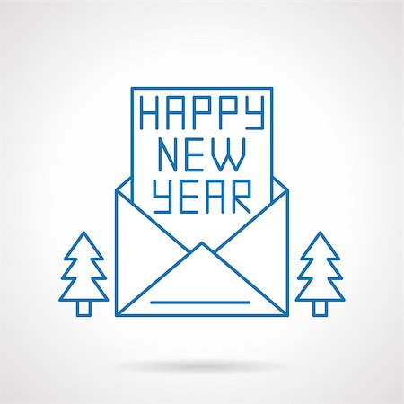 simsearch:400-07257578,k - Happy New Year letter or card in an opening envelope and two fir-trees. Winter holidays. Thin flat blue line style vector icon. Web design element for website and mobile app. Foto de stock - Super Valor sin royalties y Suscripción, Código: 400-08408427