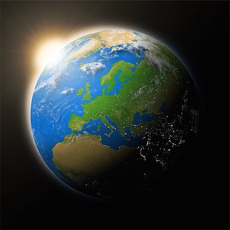 Sun over Europe on blue planet Earth isolated on black background. Highly detailed planet surface. Elements of this image furnished by NASA. Stock Photo - Budget Royalty-Free & Subscription, Code: 400-08400042