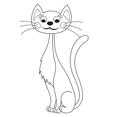 simsearch:400-08189024,k - Cartoon lean kitty, vector illustration of funny cute thin cat with kind muzzle, cat smiling and sitting, coloring book page for children Photographie de stock - Aubaine LD & Abonnement, Code: 400-08400816