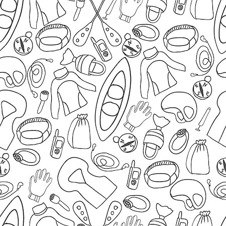 Doodle seamless pattern kayaking background with  vest, life ring, rafts,helmet. Stock Photo - Budget Royalty-Free & Subscription, Code: 400-08400921