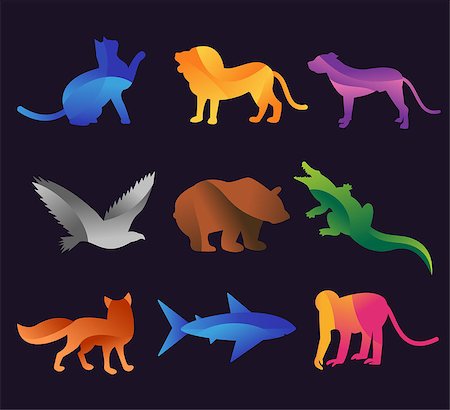 simsearch:400-04396497,k - Animal zoo vector icons set. Wild animals vector collection. Jungle animals, vector animals, fox, lion, monkey, cat and dog. Sea and forest animals icon. Pets logo silhouette Stock Photo - Budget Royalty-Free & Subscription, Code: 400-08401730