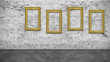 simsearch:400-07332295,k - Four vertical golden frames on white brick wall Stock Photo - Budget Royalty-Free & Subscription, Code: 400-08402509