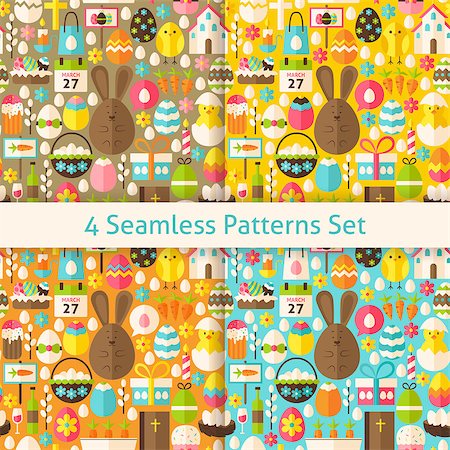 flower basket icon - Four Happy Easter Seamless Patterns Set. Flat Design Vector Illustration. Tile Background. Set of Spring Christian Religion Items. Stock Photo - Budget Royalty-Free & Subscription, Code: 400-08414589