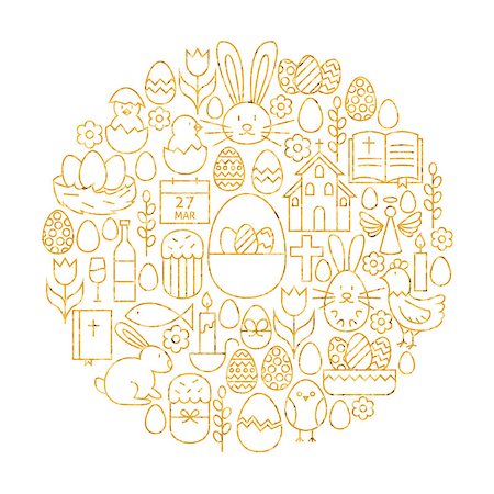 simsearch:400-07424187,k - Gold Happy Easter Holiday Line Icons Set Circle Shape. Vector Illustration of Spring Holiday Objects. Photographie de stock - Aubaine LD & Abonnement, Code: 400-08414595