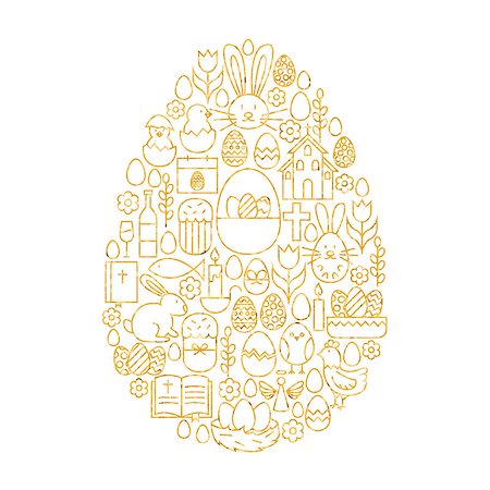 simsearch:400-07424187,k - Gold Happy Easter Line Icons Set Egg Shape. Vector Illustration of Spring Holiday Objects. Photographie de stock - Aubaine LD & Abonnement, Code: 400-08414596