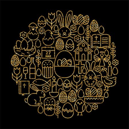 simsearch:400-07424187,k - Gold and Black Happy Easter Line Icons Set Circle Shape. Vector Illustration of Spring Holiday Objects. Photographie de stock - Aubaine LD & Abonnement, Code: 400-08414593