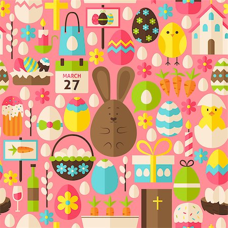 simsearch:400-07424187,k - Happy Easter Holiday Pink Seamless Pattern. Flat Design Vector Illustration. Tile Background. Set of Spring Christian Religion Items. Photographie de stock - Aubaine LD & Abonnement, Code: 400-08414605