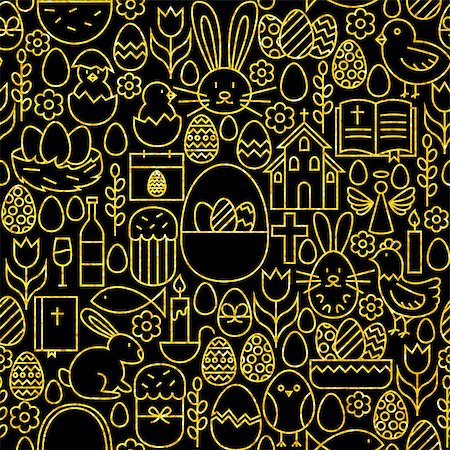 simsearch:400-07424187,k - Thin Line Gold Black Happy Easter Seamless Pattern. Vector Website Design and Seamless Background in Trendy Modern Line Style. Spring Religion Holiday. Photographie de stock - Aubaine LD & Abonnement, Code: 400-08414645