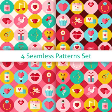 Four Happy Valentine Day Seamless Patterns Set with Circles. Love Flat Design Vector Illustration. Background. Set of Wedding Items. Stock Photo - Budget Royalty-Free & Subscription, Code: 400-08415418