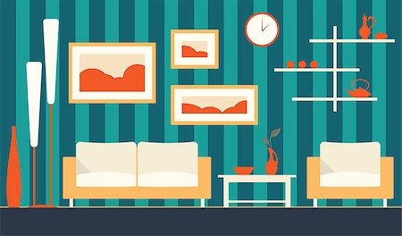 Vector color interior of cartoon minimalistic modern living room. Stock Photo - Budget Royalty-Free & Subscription, Code: 400-08415984