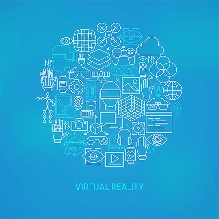 sensor - Thin Line Virtual Reality Icons Set Circle Concept. Vector Illustration of Technology Modern Augmented Reality Gadgets over Blue Blurred Background. Stock Photo - Budget Royalty-Free & Subscription, Code: 400-08416079