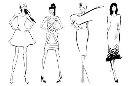 simsearch:400-08648436,k - Fashion models.Sketch in black and white color. Set of vector women or girls. Foto de stock - Super Valor sin royalties y Suscripción, Código: 400-08410004