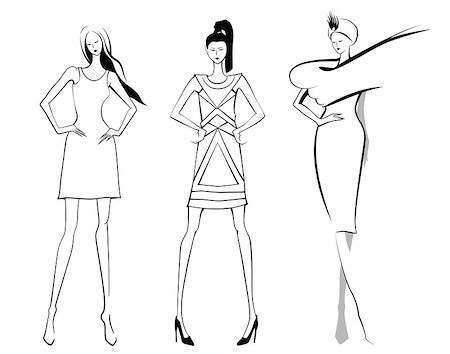 simsearch:400-08648436,k - Fashion models.Sketch in black and white color. Set of vector women or girls. Foto de stock - Super Valor sin royalties y Suscripción, Código: 400-08410003