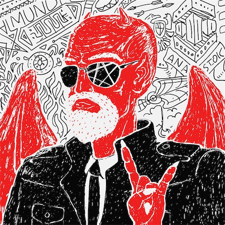 doodle monster drawing - Drawing on a graphic tablet. Vector Red Devil Biker in Jacket. Stock Photo - Budget Royalty-Free & Subscription, Code: 400-08412295