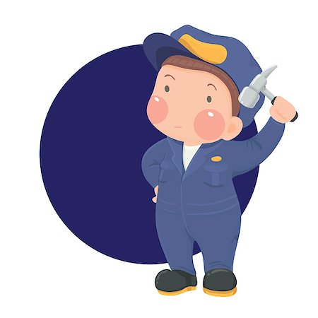 engineers hat cartoon - Service Worker in Work wear with Hammer on Blue Circle Background Stock Photo - Budget Royalty-Free & Subscription, Code: 400-08412438